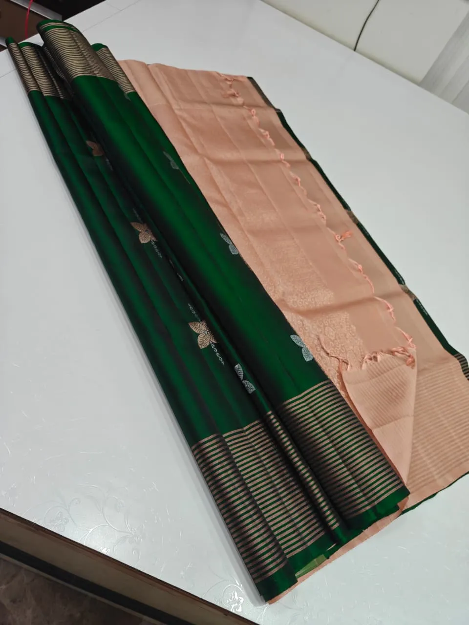Dark Green & Peach Border Silk Saree